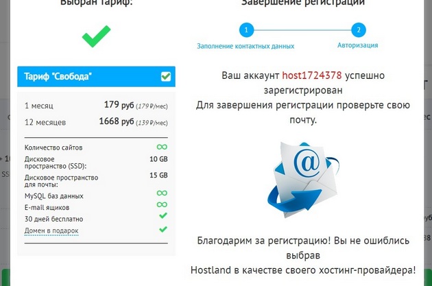 Hostland - Завершение регистрации